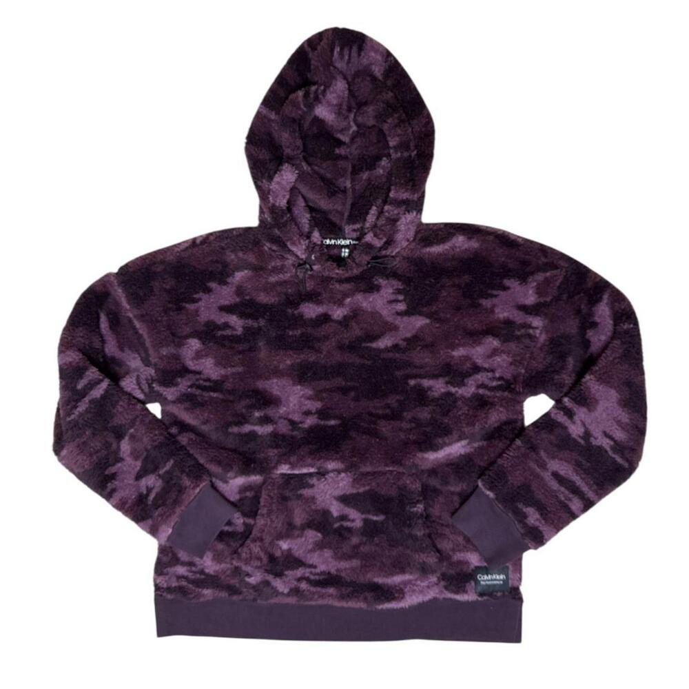 Calvin Klein fuzzy‑core purple camo plush hoodie — indie alt girl cozy statement
